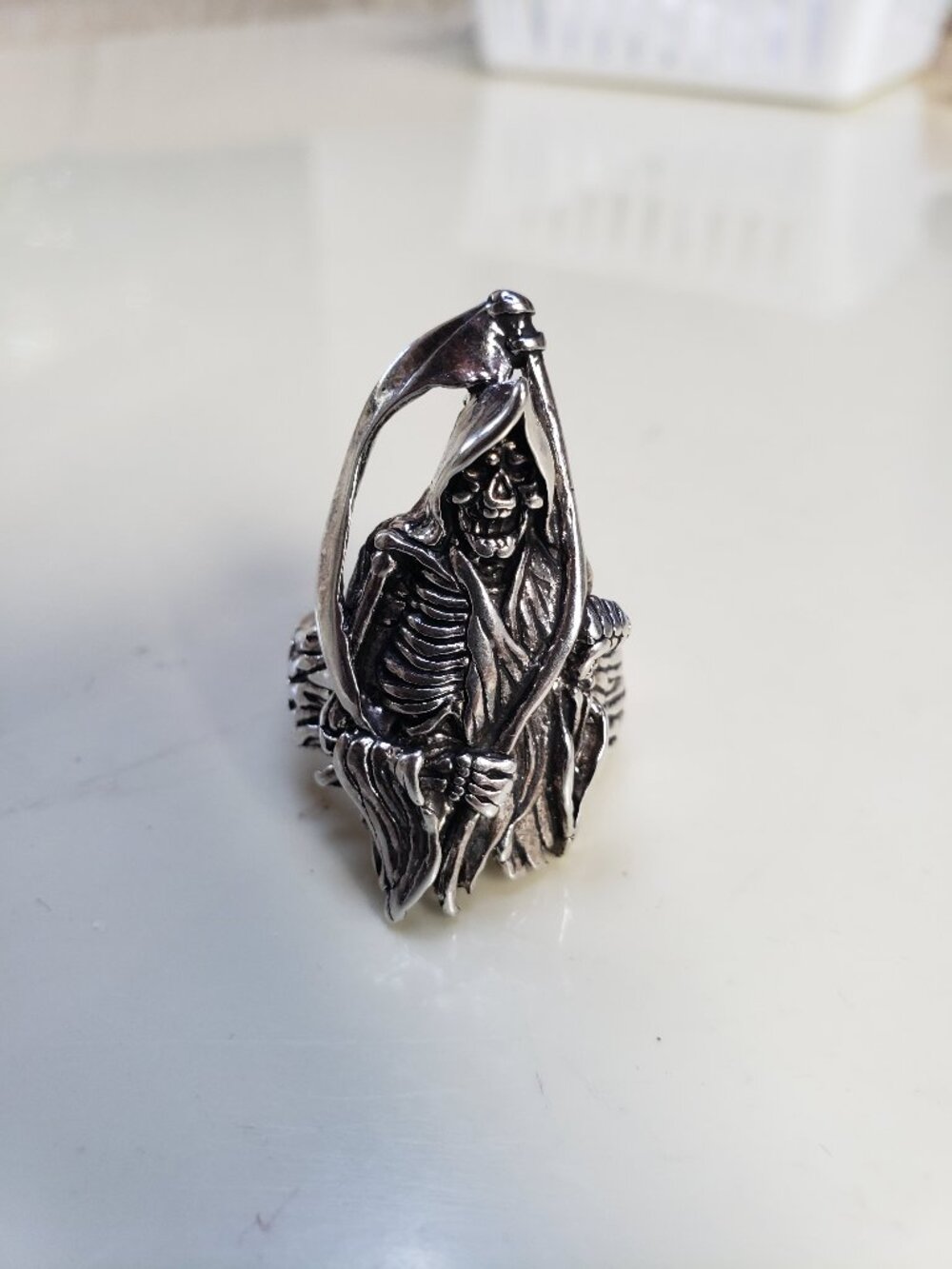 G&S Vintage 1987 Grim Reaper Biker Ring Silvertone Gothic Skull Scythe